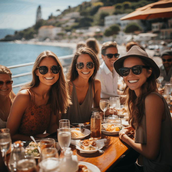 a group of young people having brunch on vacation